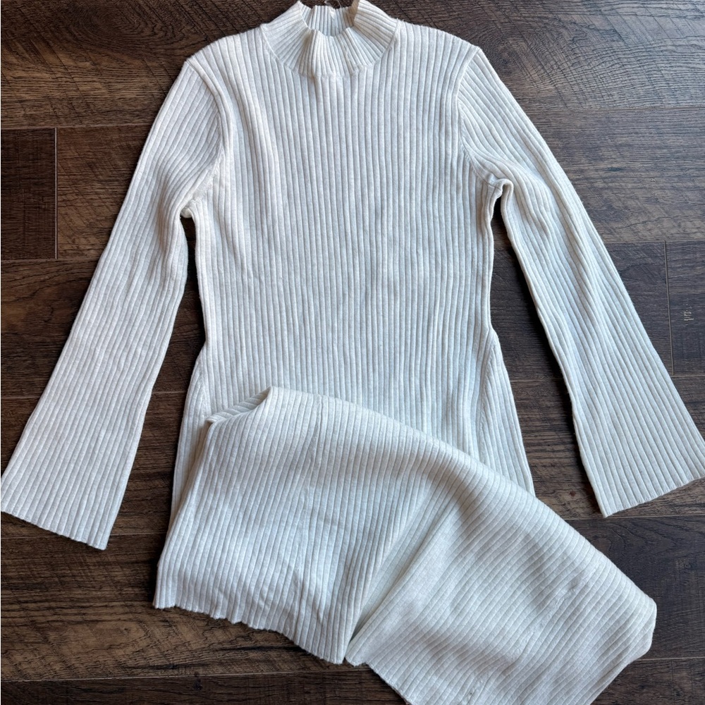 Ribbed Cream Long Sleeve Maxi Dress with Bell Sleeves